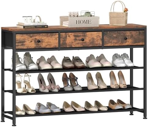 usikey 4 Tier Shoe Rack with 3 Drawers & 3 Oxford Fabric Shelves, Holds 15-18 Pairs, Metal Shoe Storage with Wood Top, Shoe Organizer for Entryway, Closet, Apartment, Rustic Brown UNYXJX022F by USIKEY
