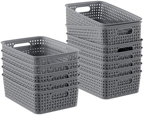 12 Pack Plastic Storage Baskets, Small Baskets for Organizing, Plastic Storage Bins Wicker Pantry Organizer Bins Household Toys for Laundry Room, Bedrooms, Kitchens, Cabinets, Countertops by FUCDTEFC
