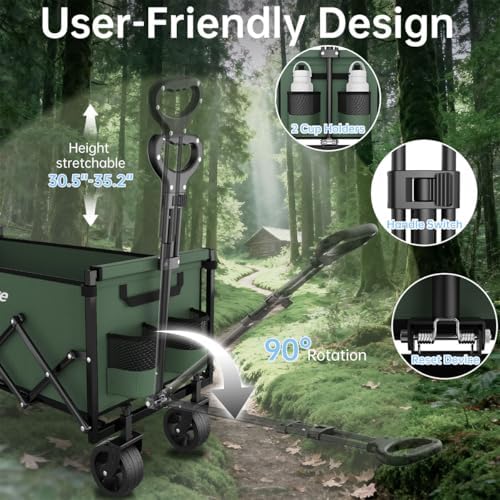 34" Extra Long Collapsible Wagon Cart, 480LBS Capacity, Army Green - Image 6