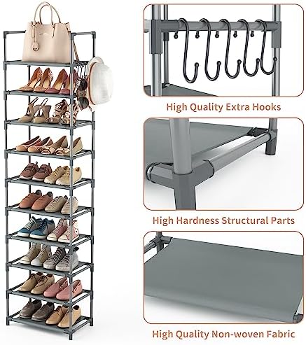 LANTEFUL 10 Tiers Tall Shoe Rack 20-25 Pairs Boots Organizer Storage Sturdy Narrow Shoe Shelf for Entryway, Closets with Hooks, Grey - Image 4
