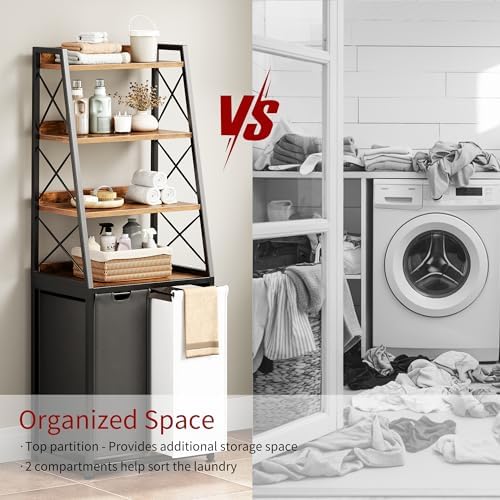 Herture Laundry Basket, 2 Section Laundry Hamper with 4 Tiers Shelf, Pull-Out and Removable Laundry Bags, Large 2 x 15.87 Gallons, for Bedroom Bathroom Rustic Brown PF11XLN - Image 6