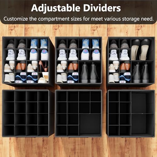 SUOCO 2 Pack Shoe Organizer for Closet, Fits up to 32 Pairs, Small Space Shoe Storage Boxes Bins Containers w/Adjustable Dividers and Clear Top, Black - Image 2