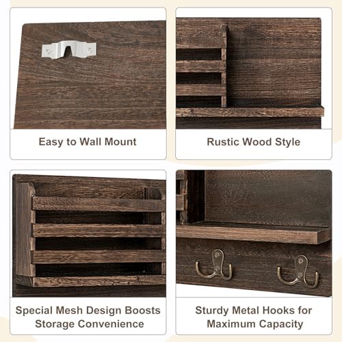 Dahey Key Mail Holder Wall Mounted Wooden Hanger with 4 Double Hooks, Brown - Image 4