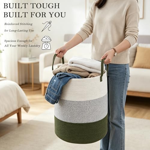 55L Woven Laundry Basket,Large Clothes Hamper with Handles-Green - Image 5