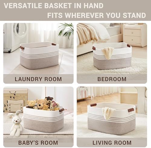 72L Large Woven Laundry Basket Hamper with Leather Handles,Brown​ - Image 4