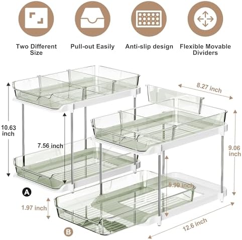 Delamu 2-Tier Multi-Purpose Bathroom Under Sink Organizers and Storage, Stackable Kitchen Pantry Organization, Pull Out Medicine Cabinet Organizer with Movable Dividers, Light Green, 2 Pack - Image 2