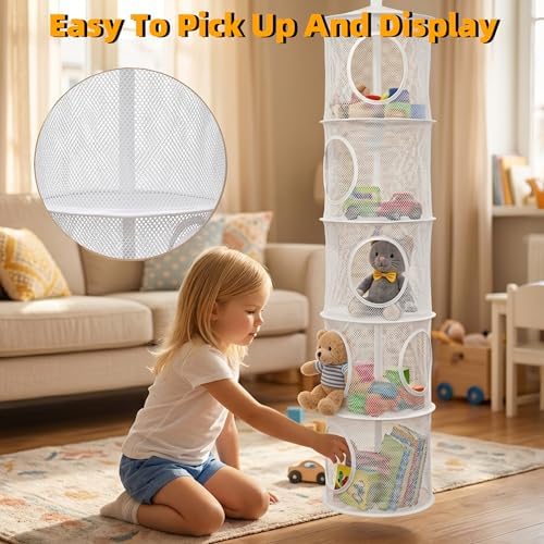 2Pcs Hanging Stuffed Animal Storage Hammock Net 5 Tiers, White - Image 5