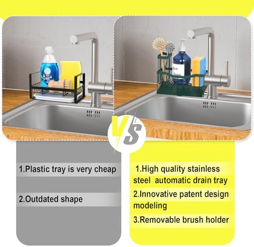 Fssvcd Maifan Sink Caddy Sponge Holder for Kitchen with Brush Holder and Stainless Steel Self Drain Tray, Rustproof Kitchen Sink Organizer for Sponge, Soap Dispenser Storage Accessories Dark Green - Image 4