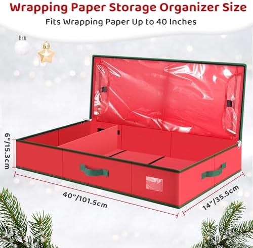 BlessedSeason Wrapping Paper Storage Organizer for 40 Inch Christmas Gifts Wrapping Paper, 2 Visible Supplies Pockets for Holiday Accessories, Christmas Decoration Storage Containers, Red - Image 2