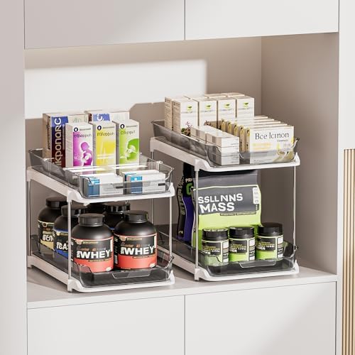 Delamu 2-Tier Multi-Purpose Bathroom Under Sink Organizers and Storage, Stackable Kitchen Pantry Organization, Pull Out Medicine Cabinet Organizer with Movable Dividers, Grey, 4 Pack - Image 7