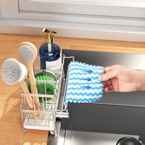 Cisily Sponge Holder for Kitchen Sink, Sink Caddy Organizer with High Brush Holder, Kitchen Countertop Organizers and Storage Essentials, Rustproof 304 Stainless Steel (Silver with Towel Rack, 9.25″) - Image 2