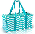 Extra Large Utility Tote Bag - Oversized Collapsible Reusable Wire Frame Rectangular Canvas Basket With Two Exterior Pockets For Beach, Pool, Laundry, Car Trunk, Storage - Chevron Teal by Lucazzi