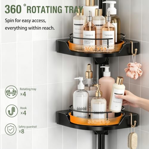 shuang qing 360° Rotating Corner Shower Caddy Tension Pole Organizer, Black - Image 3