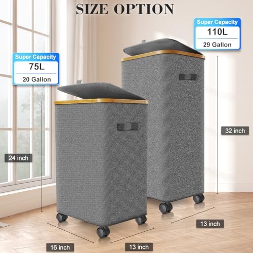 Laundry Hamper with Wheels, 75L Rolling Laundry Basket with Lid - Image 2