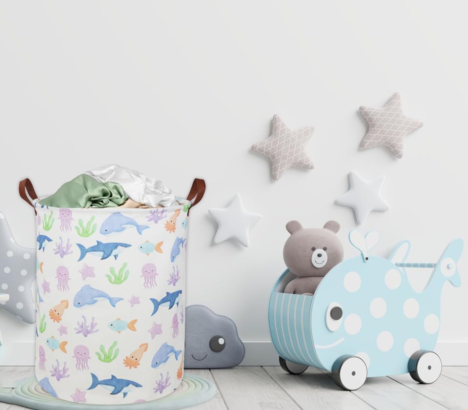 ESSME Fish Laundry Hamper, Hamper Collapsible Canvas Waterproof Ocean Storage Bin, Nursery Hamper,Gift Baskets,(Ocean) - Image 2