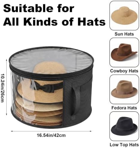 Bremorou Hat Boxes for Women Storage Clear Hat Storage Box Cowboy Hats Organizer for Travel and Wardrobe Holds Up to 7 Caps Wide Brims Hat Case with Carrying Handles (Black) - Image 2