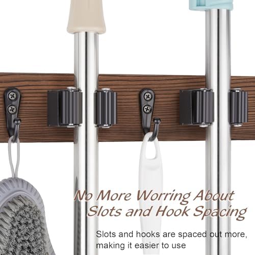 OUTNILI 2 Pack Mop Broom Holder Wall Mount with 3 Slots & 4 Hooks - Rustic Wood Broom Mop Hanger for Pantry Kitchen Organization - Garden Tool Organizer for Closet Laundry Room - Image 4