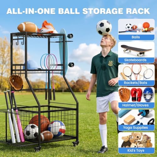 Sports Equipment Organizer,3-Tier Rolling Ball Storage with Wheels - Image 2
