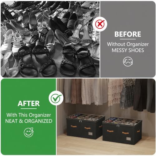 Shoe Organizer for Closet, 2 Pack Shoe Storage Bins Foldable Shoe Storage Box Containers with Clear Cover and Sturdy Handles, Shoe Rack for Closet Storage for Sneakers Heels Slippers, Fit 12-24 Pairs - Image 4