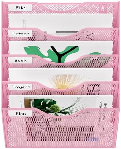 EasyPAG Wall File Organizer 5 Tier Hanging Paper Folder Holder, Zero Assembly Metal Mesh Wall Mounted Mail Organizer for Office Home Classroom Narrow Spaces, Pink - Image 6