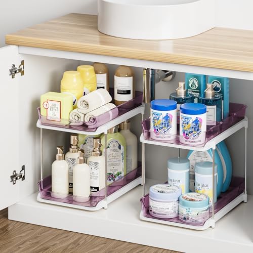 Delamu 2-Tier Multi-Purpose Bathroom Under Sink Organizers and Storage, Stackable Kitchen Pantry Organization, Pull Out Medicine Cabinet Organizer with Movable Dividers, Purple, 2 Pack by DELAMU