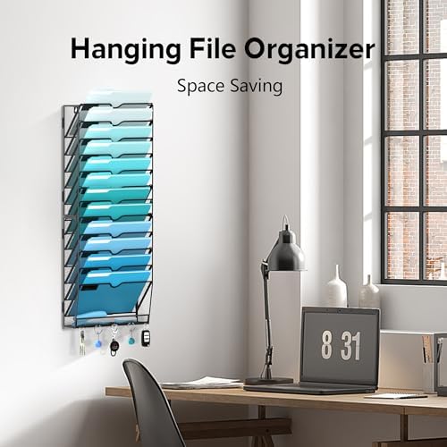 13-Tier Wall File Organizer and Mail Organizer with 5 Hooks, Black - Image 5