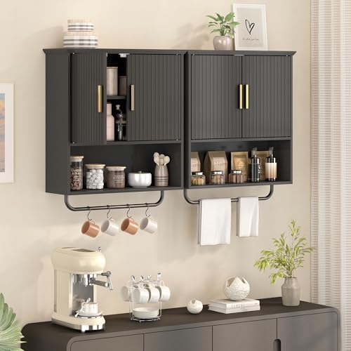 Wall Mounted Cabinet with Towel Bar & Shelves for Kitchen Bathroom - Image 4