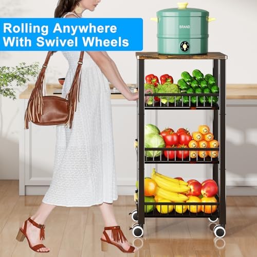 Fruit Vegetable Storage Basket for Kitchen, 4 Tier Large Pull-Out Metal Wire Baskets with 3 Pack Mats Bottom, Wood Top and Wheels, Vegetable Produce Bins Stand Cart Rack for Onions and Potatoes - Image 6