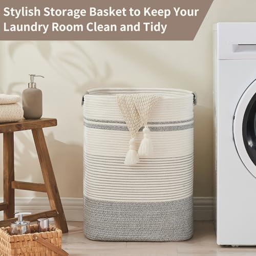 AINUOQI Laundry Basket with Handles - Blanket Basket & Hampers for Bedroom Aesthetic, Laundry Hamper & Blanket Storage for Living Room, Clothes Hamper, Tall, Large 17" x 14" x 22”, Grey & White - Image 5