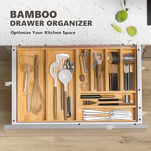 Kitchen Drawer Organizer Tray, Stackable Bamboo Deep Drawer Organizer for Large Silverware, Utensils, Cutlery, Flatware,Junk Drawer, Dresser, Bathroom, 17" x 6" x 2.5" (Set of 2) - Image 3