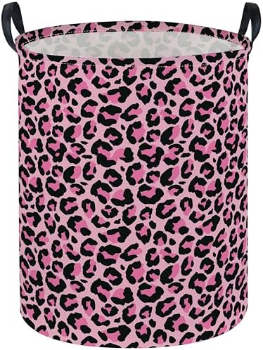 ESSME Laundry Basket,Pink Hamper Collapsible Canvas Waterproof Storage Bin, Leopard Print Hamper,Gift Baskets(Pink leopard print) by ESSME