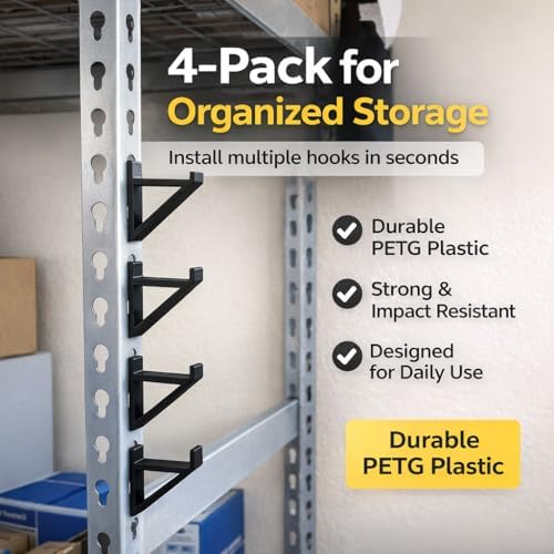 Garage Storage Utility Hooks (4-Pack) – Keyhole Shelving Hook Fits Standard Boltless Uprights – Strong Organization for Workshop & Shelves (Yellow) - Image 2