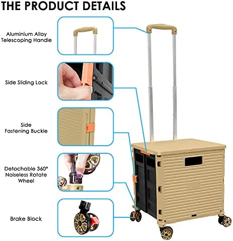 Folding Rolling Utility Cart,Wear-Resistant Noiseless Shopping Trolley Carts with Wheels for Grocery,Portable Crate Storage Tool Box with Lid Used as a Seat for Moving Office Use/Travel/Picnic/Books - Image 4