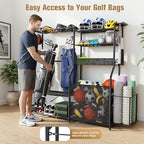 Garage Sports Equipment Organizer, 3 Golf Bag Organizer Stand Heavy-Duty Ball Storage Rack with Basket and Hooks, Ball Storage Cart for Toy Sports Gear Storage, Black - Image 5