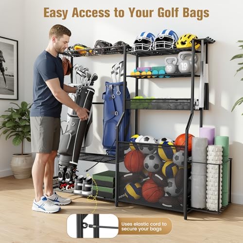 Garage Sports Equipment Organizer, 3 Golf Bag Organizer Stand Heavy-Duty Ball Storage Rack with Basket and Hooks, Ball Storage Cart for Toy Sports Gear Storage, Black - Image 5