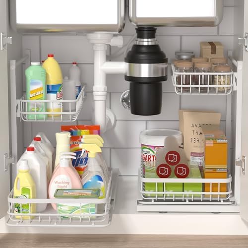 Under Sink Organizer, Adjustable Height Pull-Out Kitchen Storage Organization,15.8" x 11.8" x 16.5", 2-Tier Kitchen Shelf, Bathroom Drawer Organizer, 2 Pack|White - Image 3