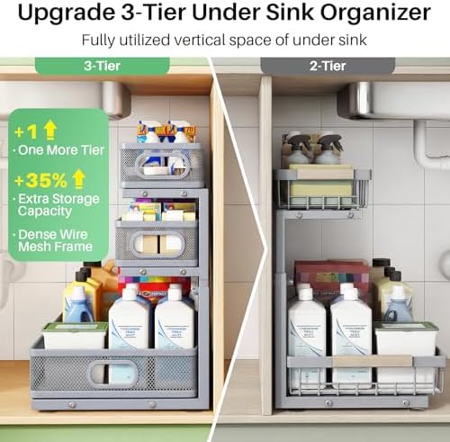 Kitstorack Under Sink Organizer, 1-Pack 3-Tier Height Adjustable Thickened Metal Pull out Cabinet Organizer Shelf, Slide out Storage Drawer Rack for Bathroom Kitchen Pantry Home Organization, Grey - Image 3