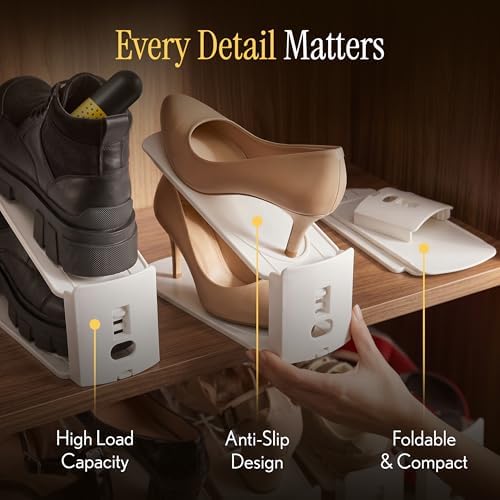 12x Shoe Slot Organizers, Space Saving Shoe Stackers for Closet, Adjustable 3 Levels Shoe Space Saver, Anti-Slip, Foldable & Compact Shoe Organizer, 12 Shoe Deodorizer Pills Included, White - Image 7