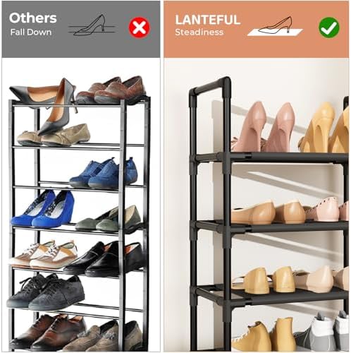 LANTEFUL 10 Tiers Shoe Rack 25 Pairs Large Capacity Tall Shoe Organizer Sturdy Shoe Storage with Two Hooks Space Saving Metal Narrow Shoe Rack for Closet, Entryway, Bedroom, Black - Image 6