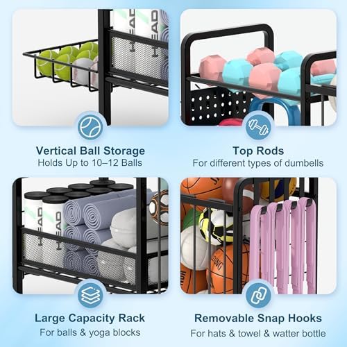 Sports Equipment Garage Organizer,Garage Ball Storage Rack for Sports with Wheels-Upgraded 3 Layers Organizer Rack Outdoor Basketball Racks for Balls with Holder and Hooks (Deep Black) - Image 6