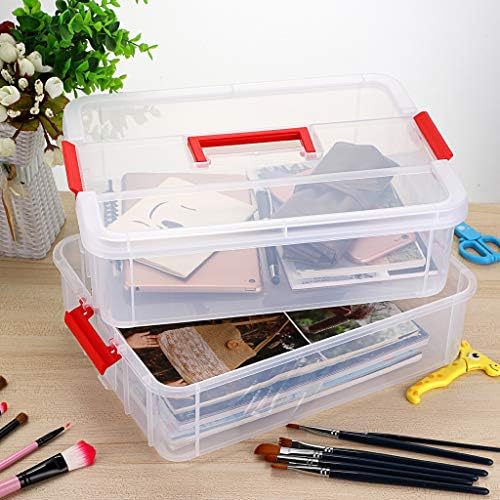 BTSKY 2 Layer Stack & Carry Box, Plastic Multipurpose Portable Storage Container Box Handled Organizer Storage Box for Organizing Stationery, Sewing, Art Craft, Jewelry and Beauty Supplies(Red) - Image 2