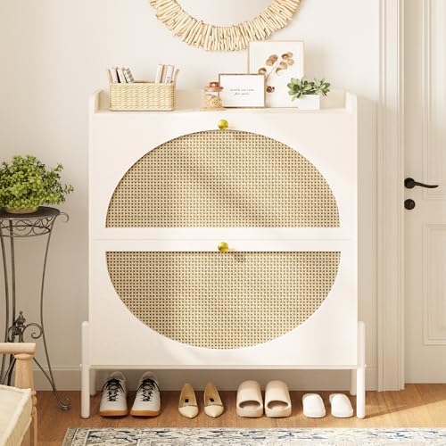 IRONCK Rattan Shoe Cabinet Storage with 2 Flip Drawers, White - Image 4