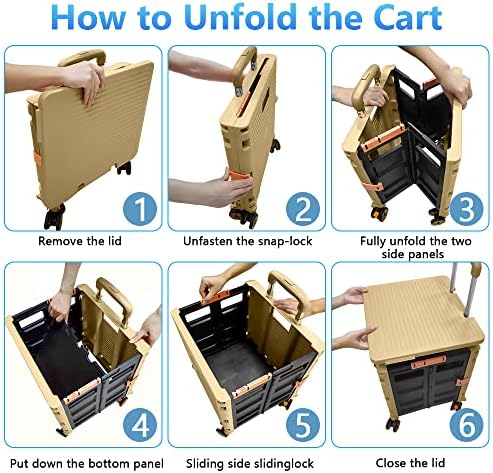 Folding Rolling Utility Cart,Wear-Resistant Noiseless Shopping Trolley Carts with Wheels for Grocery,Portable Crate Storage Tool Box with Lid Used as a Seat for Moving Office Use/Travel/Picnic/Books - Image 3
