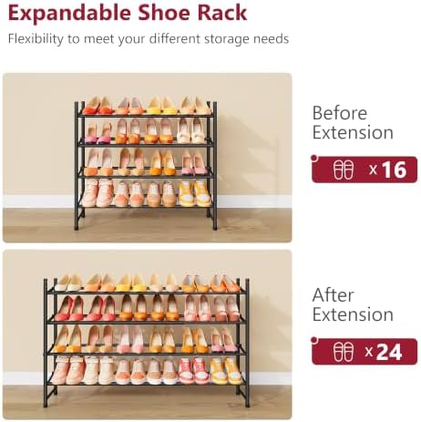 Tajsoon Expandable Shoe Rack for Closet 4 Tier, 28“-41“Stackable, Black - Image 7