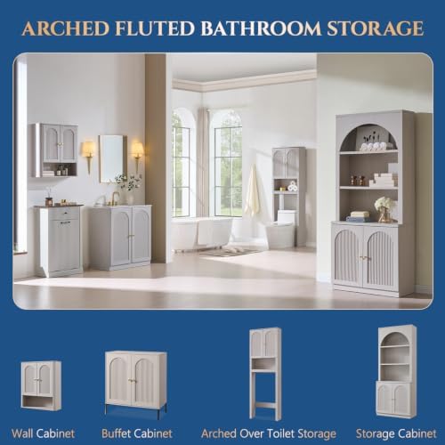 Bathroom Fluted Arched Wall Cabinet, 23.6''W Medicine Cabinet, Light Grey - Image 6