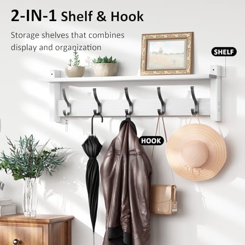 Optish Coat Rack Wall Mount with Shelf, 24 Inch Coat Hanger Walls Mounted, Hat Rack for Walls, Shelf with 5 Coat Hooks, Wall Hanger for Entryway (White) - Image 4