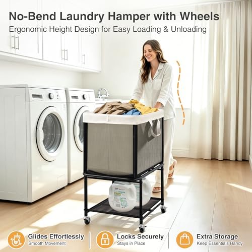 STO STO Rolling Laundry Hamper with Lockable Wheels, 29-Gallon (110L) Laundry Cart with Removable Canvas Bag, 2-Tier Clothes Basket Hamper with Shelf for Closet, Bedroom, Bathroom, Laundry Room, Beige - Image 4