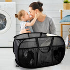 2 Pack Collapsible Laundry Baskets, Upgrade Pop Up Laundry Hamper with Convenient Bags, Foldable Laundry Basket Mesh Light Weight, Easy to Carry Clothes Hampers for Laundry, Dorm, Travel Black+Grey - Image 2