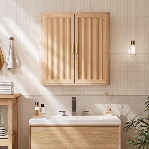 INNOD Bathroom Storage Wall Cabinet, Over the Toilet Storage Cabinet Above Toilet Storage, Medicine Cabinet with Adjustable Wood Shelf & Doors for Laundry Room & Kitchen & Living Room (Natural Oak) - Image 6