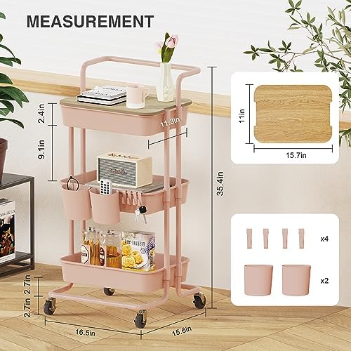 DTK 3 Tier Rolling Utility Cart with Cover Top Board, Movable Kitchen Storage Cart Trolley with Lockable Wheels, Cups, Hooks for Kitchen Bathroom Home Office Art Craft Storage and Organization(Pink) - Image 2